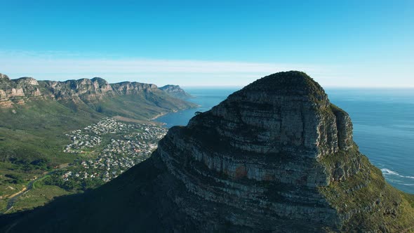beautiful panoramic aerial of Lions Head mountain and 12 Apostles at sunset in Cape Town South Afric