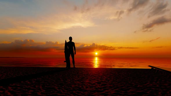 Sea Sunset View and Beach Surfer