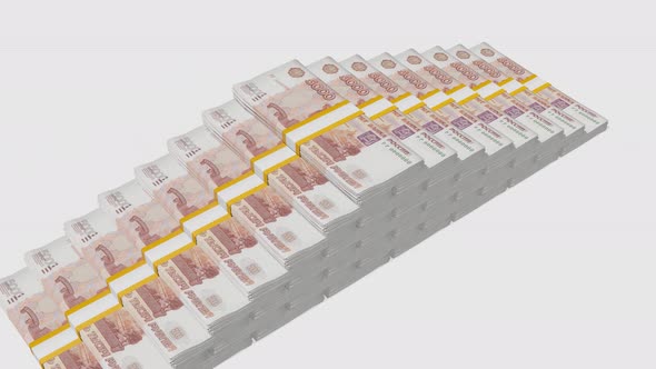 Many wads of money. 5000 russian ruble banknotes. Stacks of money.