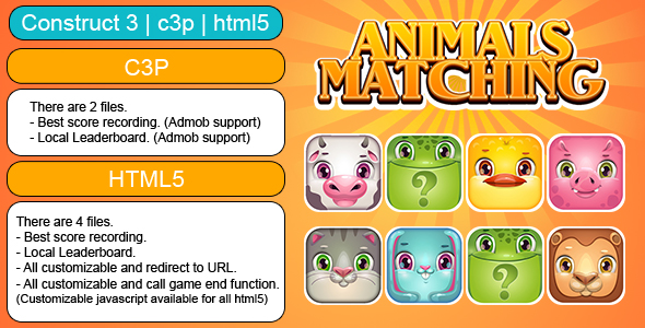 Animals Matching Game (Construct 3 | C3P | HTML5) Customizable and All Platforms Supported