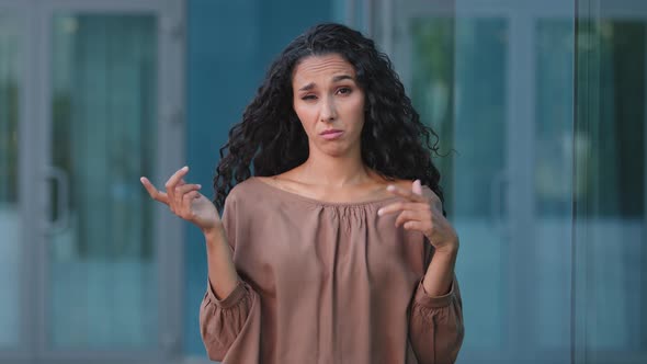 Portrait Outdoors Close Up Hispanic Bored Angry Woman Disappointed Caucasian Girl Showing Blablabla