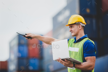 logistic worker teamwork and partner of foreman, engineer, and businessman working on container yard / Photodune, Misc