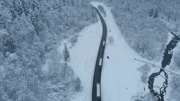 Aerial shot: spruce and pine winter forest completely covered by snow.