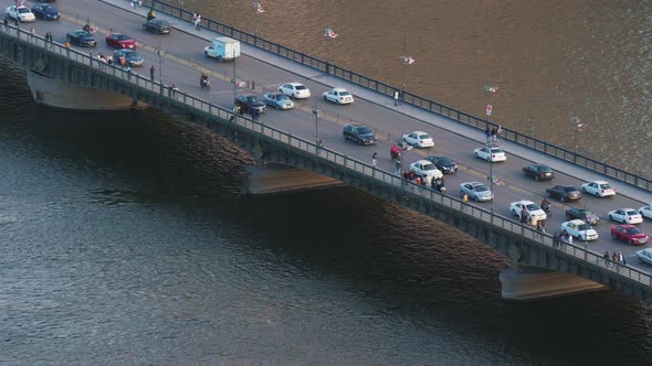 People Go Cars Motorcycles Drive Over Bridge