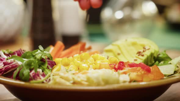 Cooking Poke Bowl Salad Closeup