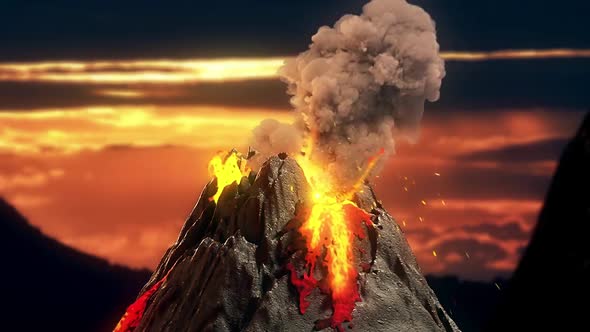 Magma Ejection From The Volcano's Mouth, At Sunset In A Mountainous Landscape