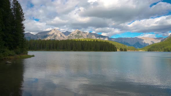 Pan Right of Two Jack Lake in Banff National Park Canada