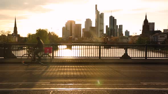 Traffic on the bridge in Frankfurt with skyline on background