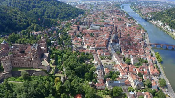 Aerial view of Heidelberg and Heidelberg Castle, Germany