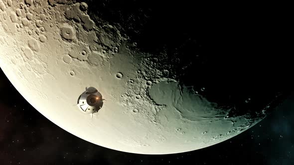 Flight Of Commercial Spacecraft Over Background Of The Moon alt