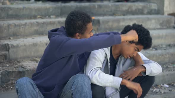 African Male Brothers Sitting Street, Running From Home, Family Problem, Abuse