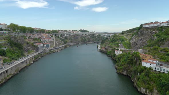 Bridge that spans Above River Douro between the cities of Porto and Vila Nova de Gaia in Portugal
