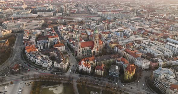 Aerial 5K Drone Flyover St Paul's Cathedral Square And Downtown Buildings In Munich, Germany