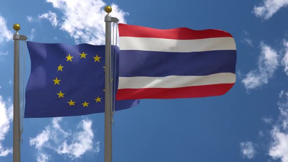 European Union Flag Vs Thailand Flag On Flagpole