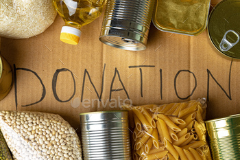 Food donations on the table. Text Donation / Photodune, Misc