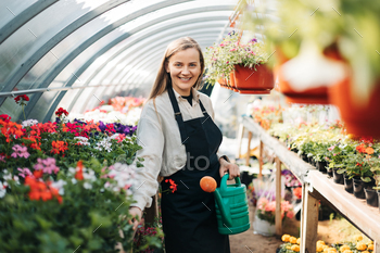 Portrait of a young gardener woman watering flowers in a greenhouse. Daily care of plants / Photodune, Misc