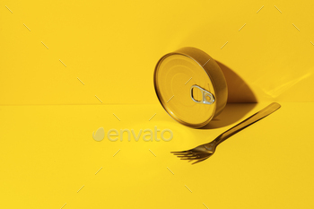Canned food tin on yellow studio background / Photodune, Misc