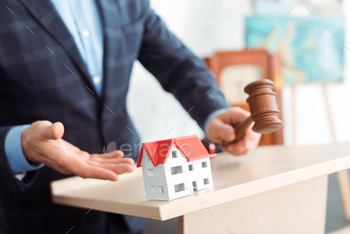 odel of house and holding gavel during auction