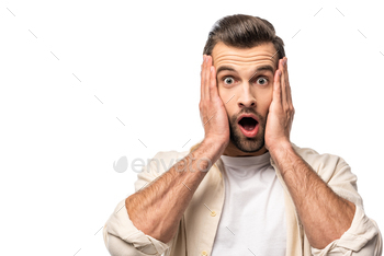 surprised man looking at camera and touching face Isolated On White / Photodune, Misc