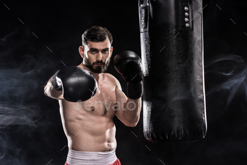 Young boxer in gloves training near punching bag  isolated on black / Photodune, Misc