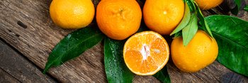 Tangerine, mandarines, clementine, orange fruits with green leaves on wooden table / Photodune, Misc