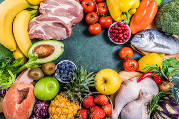 Healthy food to boost immunity. Background of healthy food. Fresh fruits, vegetables, meat / Photodune, Misc