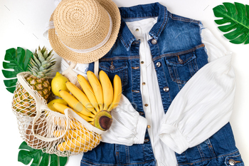 Summer female trendy fashionable outfit. Look of the day shirt, vest, hat, eco bag / Photodune, Misc