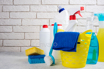 . Cleaning with supplies, service and clean house concept. Copy space