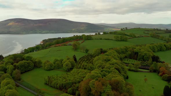 Aerial view over Irish landscape in spring