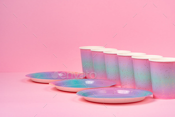 Pink party cups and plates on pink background / Photodune, Misc