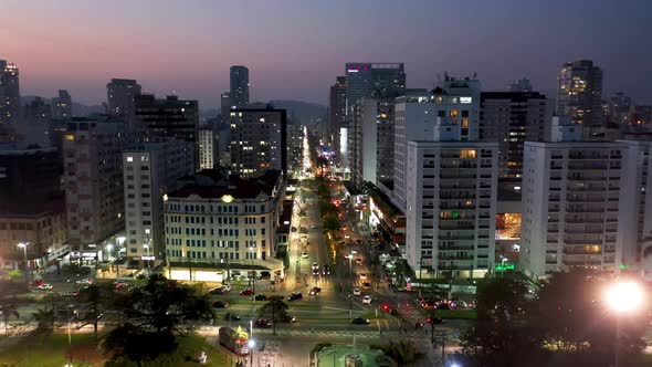 Night scape of coastal city of Santos state of Sao Paulo Brazil.