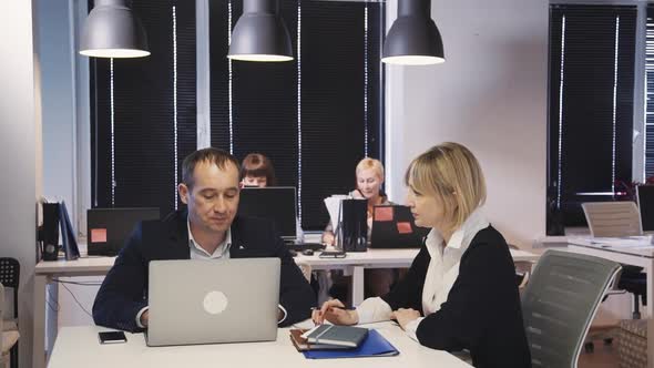 Female and Man Discussing Important Startup Project and Using La