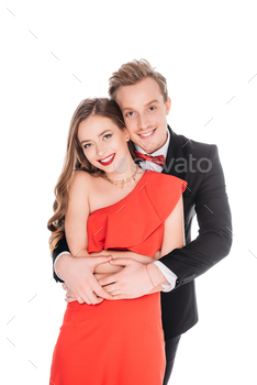 beautiful happy young couple embracing and smiling at camera isolated on white / Photodune, Misc