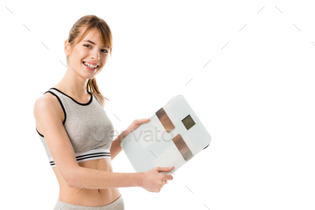 happy slim woman holding scales isolated on white / Photodune, Misc