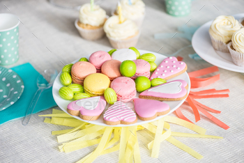 close-up view of delicious colorful cookies at festive table / Photodune, Misc