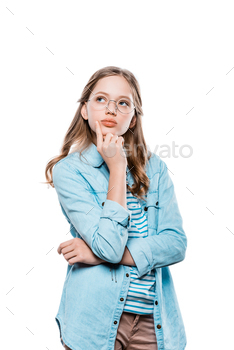 pensive teenage girl in eyeglasses holding hand on chin and looking up isolated on white / Photodune, Misc