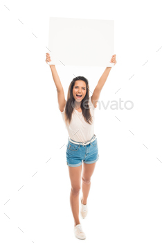 Attractive young woman holding blank banner above head, isolated on white / Photodune, Misc