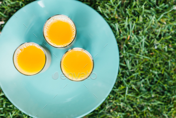 Top view of fresh organic juice in glasses  on plate outdoors / Photodune, Misc