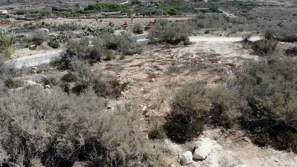 Aerial view of the areas stricken by water shortage near the Popeye village in Malta; deserted dry l