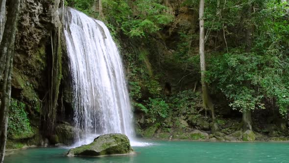 Erawan waterfall third level in National Park, in Kanchanaburi, Thailand - slow motion