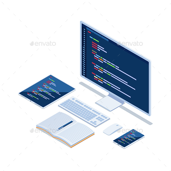 Isometric Computer Code on Monitor Smartphone and Tablet Developing Cross Platform Website