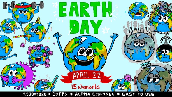 2D Cartoon Planet Earth For Earth Day (15 Elements)