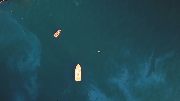 Aerial view of boats anchored at pier, South Africa.