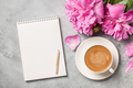 Hot coffee, peony flowers and notebook - PhotoDune Item for Sale