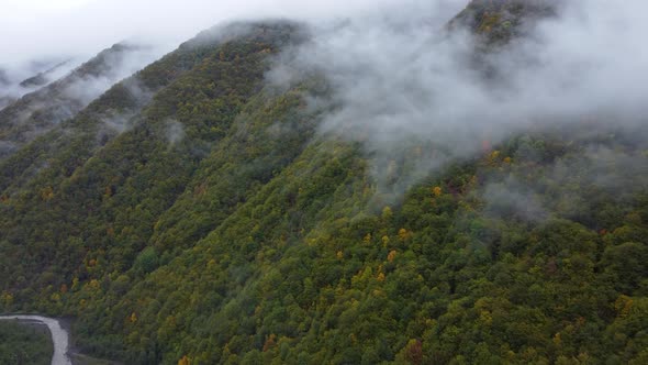 Misty Autumn Mountain Aerial View