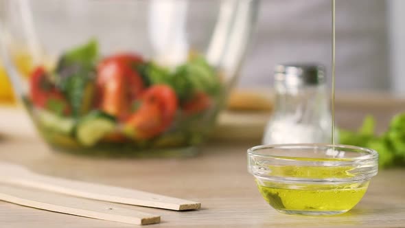 Chef Pouring Olive Oil to Measuring Bowl Dressing Salad Cooking Healthy Food