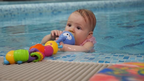 Closeup Portrait of a Little Girl in a Pool with Toys She Nibbles a Toy