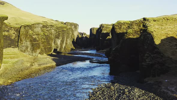 Drone Over Fjaoro River Through Fjaorargljufur Canyon