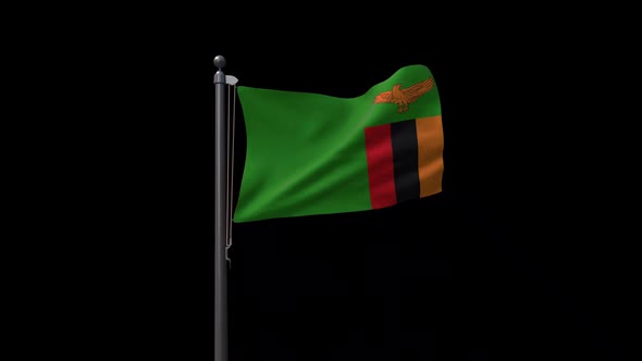 Zambia Flag On Flagpole With Alpha Channel