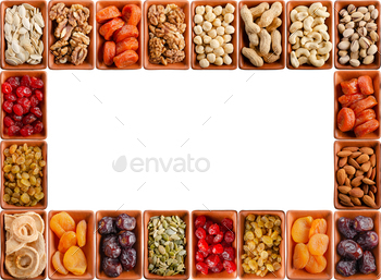 food frame of dehydrated fruits, seeds and nuts on white / Photodune, Misc